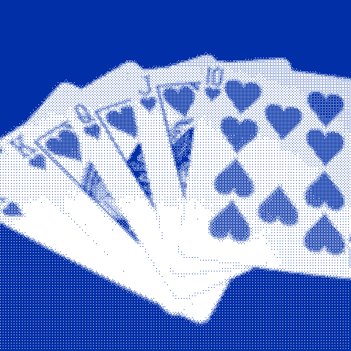 A royal flush in hearts fanned out on a card table, dithered to one ink